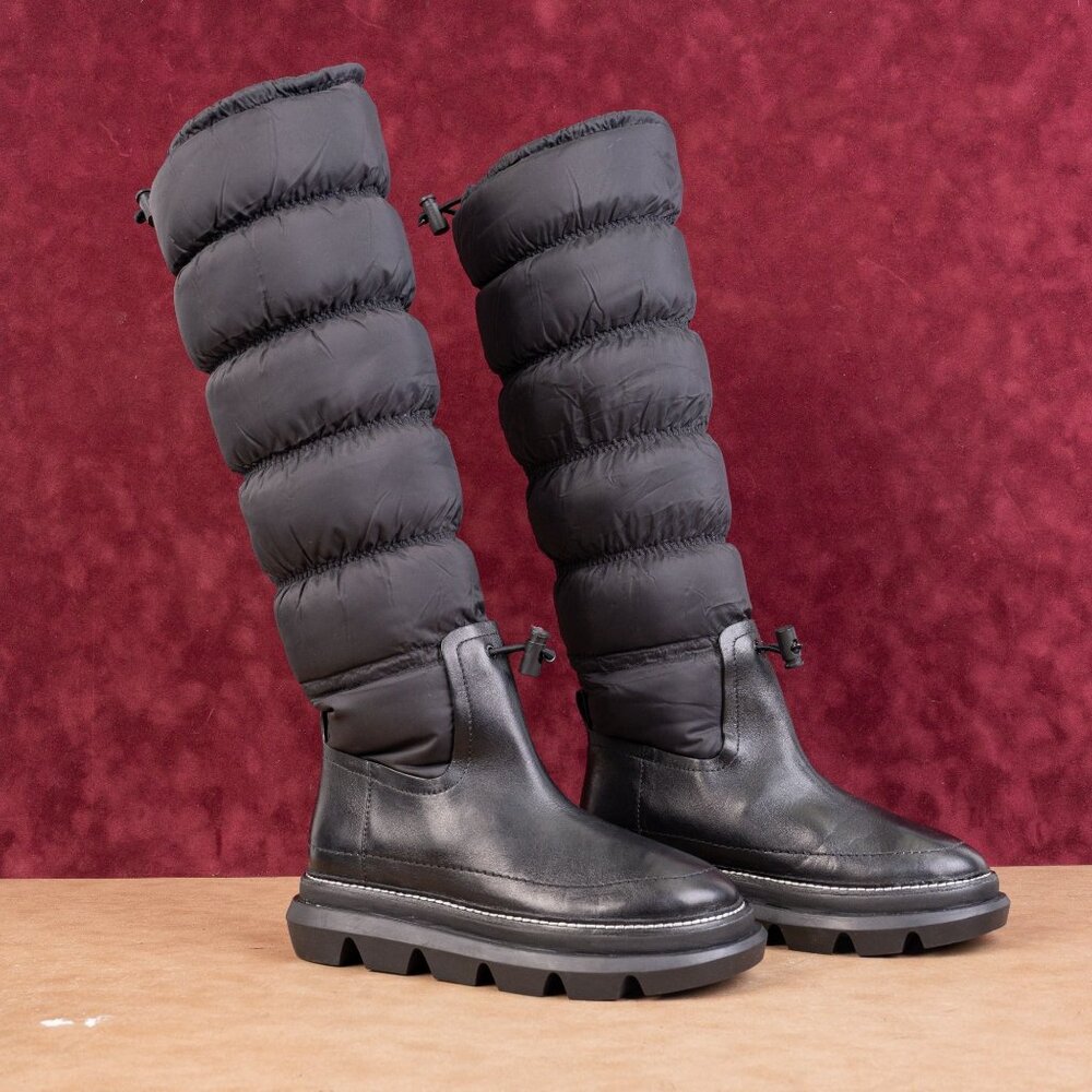 Tory Burch Women Black Leather Fabric High Padded Fashion Winter Boots Sz 6